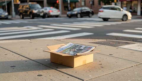 A folded alt-weekly sitting in a sidewalk box on a city corner, late afternoon sun across the painted metal, the lid propped open on its hinge and a busy crosswalk blurred behind it.