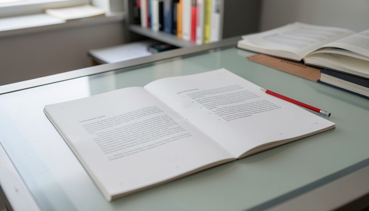 A page proof spread flat on a light table in an editorial office, faint rules showing through the paper, a red pencil resting in the margin and the room lit from one window.