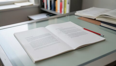 A page proof spread flat on a light table in an editorial office, faint rules showing through the paper, a red pencil resting in the margin and the room lit from one window.