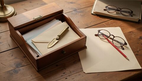 An editor's desk photographed from above: a closed wooden mail tray holding folded letters, a brass letter opener, a red pencil and reading glasses on a bare blotter in warm afternoon light.