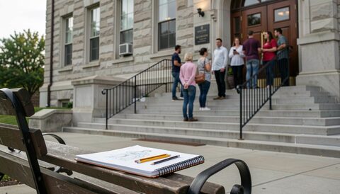 A sketch artist's pad and two pencils left on a bench outside a stone courthouse, mid-morning light on the steps behind, where a small crowd waits without looking at the camera.