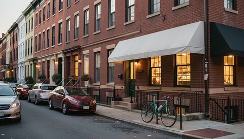 Dusk on a brick terrace of Baltimore row houses, parked cars along the kerb, a corner grocery awning with no lettering, a bicycle leaning on a railing and warm light in the ground-floor windows.