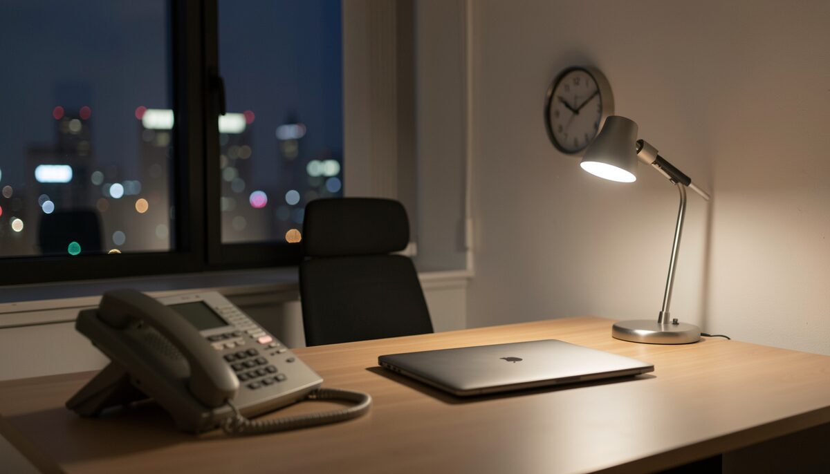An office desk at night with the screens off: a landline telephone, a closed laptop, a wall clock and a single desk lamp, with a dark window and city lights behind the chair.