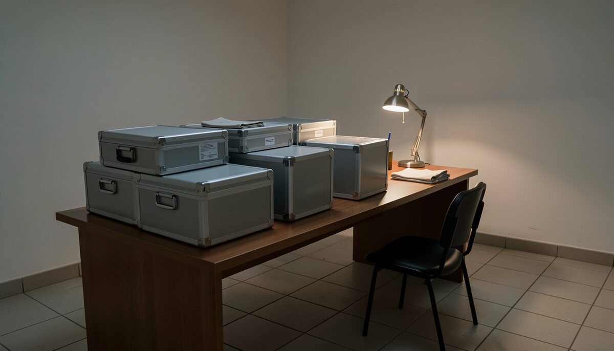 A counting hall at night: sealed grey transport cases stacked on a long table, a folded cloth, a desk lamp and an empty chair on a tiled floor, with no signage anywhere in the frame.