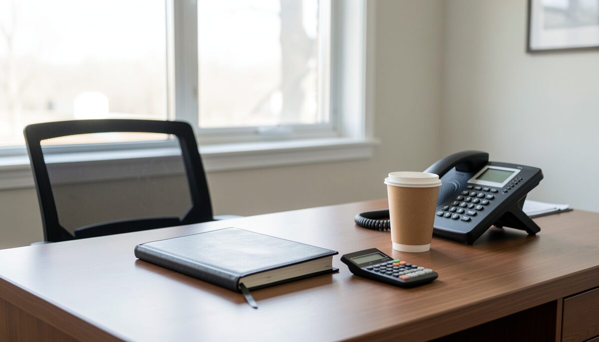 A tidy finance desk before the opening bell: a closed black notebook, a pocket calculator turned face down, a landline handset and a paper cup beside an empty chair, with bright window light across the blotter.