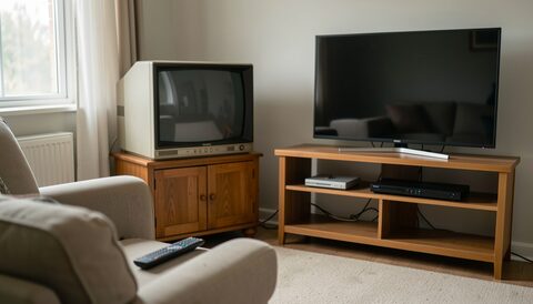 A living room with an older television set standing beside a newer flat screen, both switched off, a remote control on the armrest and daylight falling across an empty sofa.