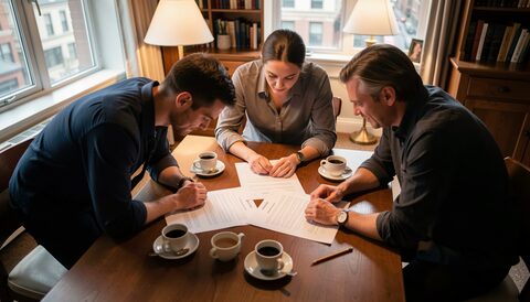 Three readers at a wooden table under a lamp, page proofs spread between them and paper cups of coffee at hand, a bookshelf and wet city windows behind them in the late afternoon.