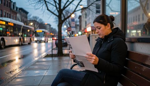 A reader on a bench under a wet shelter reading a folded newspaper at dusk, buses and lit shopfronts blurred along the avenue behind her, the pavement reflecting the lights.