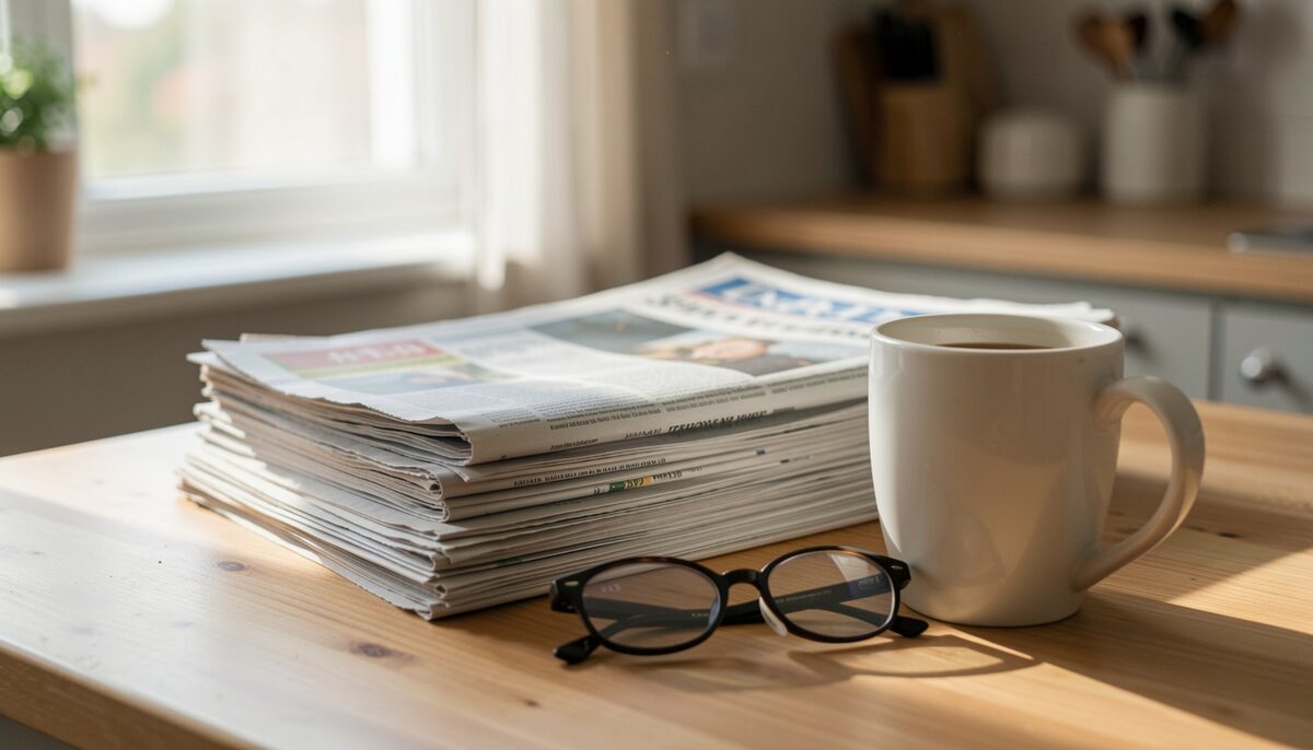 A stack of newspapers on a pale wooden kitchen table beside a white mug and folded reading glasses, window light raking across the paper from the left, the top copy open on its front page.