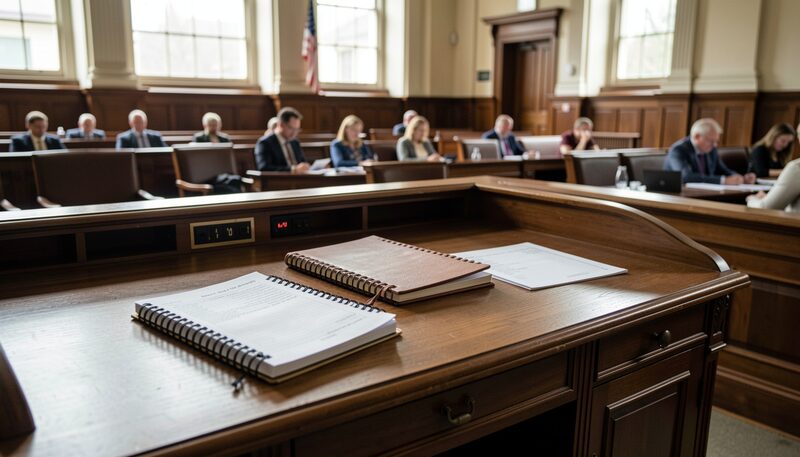 A press gallery desk in a legislative chamber after a session, two notebooks and a folded floor schedule left behind, empty seats in rows and chamber light from high windows.