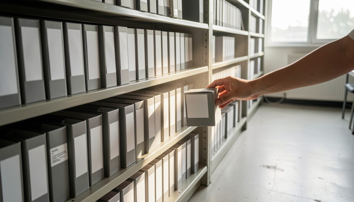 Rows of grey document boxes with blank spines on a newsroom archive shelf, a hand reaching for one of them, dust turning in a single shaft of light above a concrete floor.