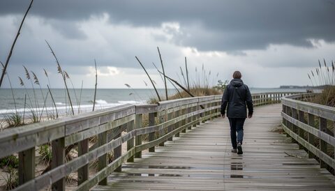 A coastal boardwalk after a storm, bent railings and standing water along the planking, dark cloud cover low over the water and a single figure in a rain jacket walking away.